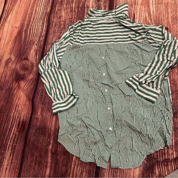 Women’s Jane And Delancey White Green Stripe Button Down Shirt 3/4 Sleeve Size L - Picture 4 of 5